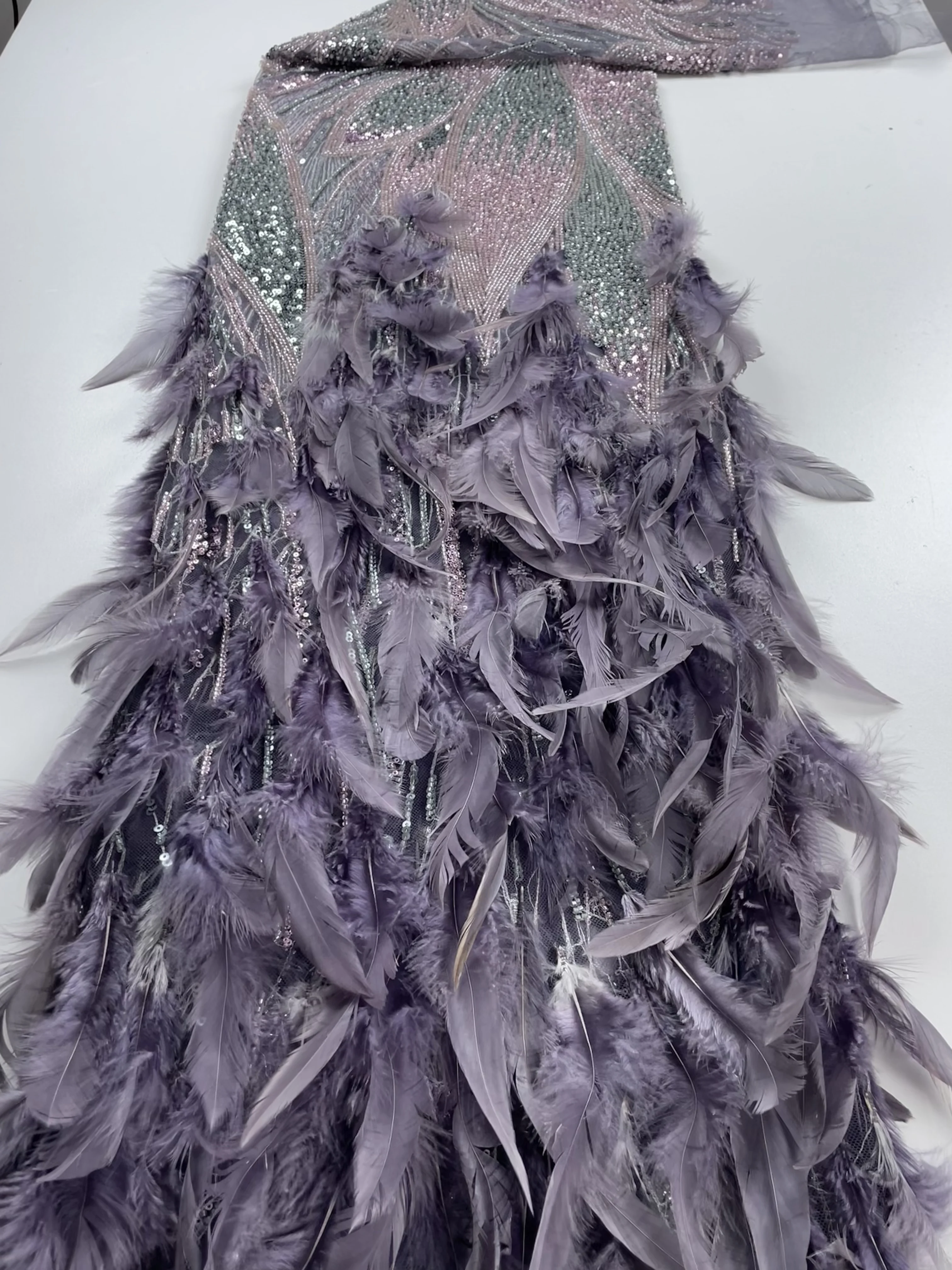 Top Quality Handmade Heavy Beads Sequins Lace Fabric Embroidery 3d Feather Net Lace Fabric for Women's Wedding Dress