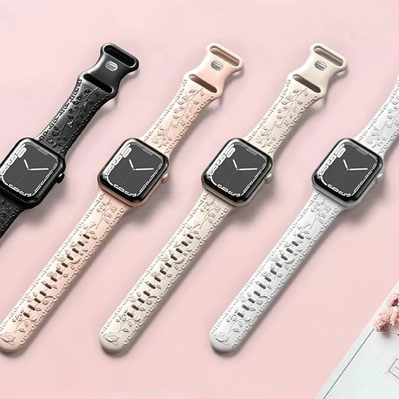 Silicone Strap For Apple Watch Band 45mm 44mm 41mm 40mm 42mm 49mm Floral Engraved Bracelet Correa Series 8 9 7 SE 4 5 6 Ultra 2