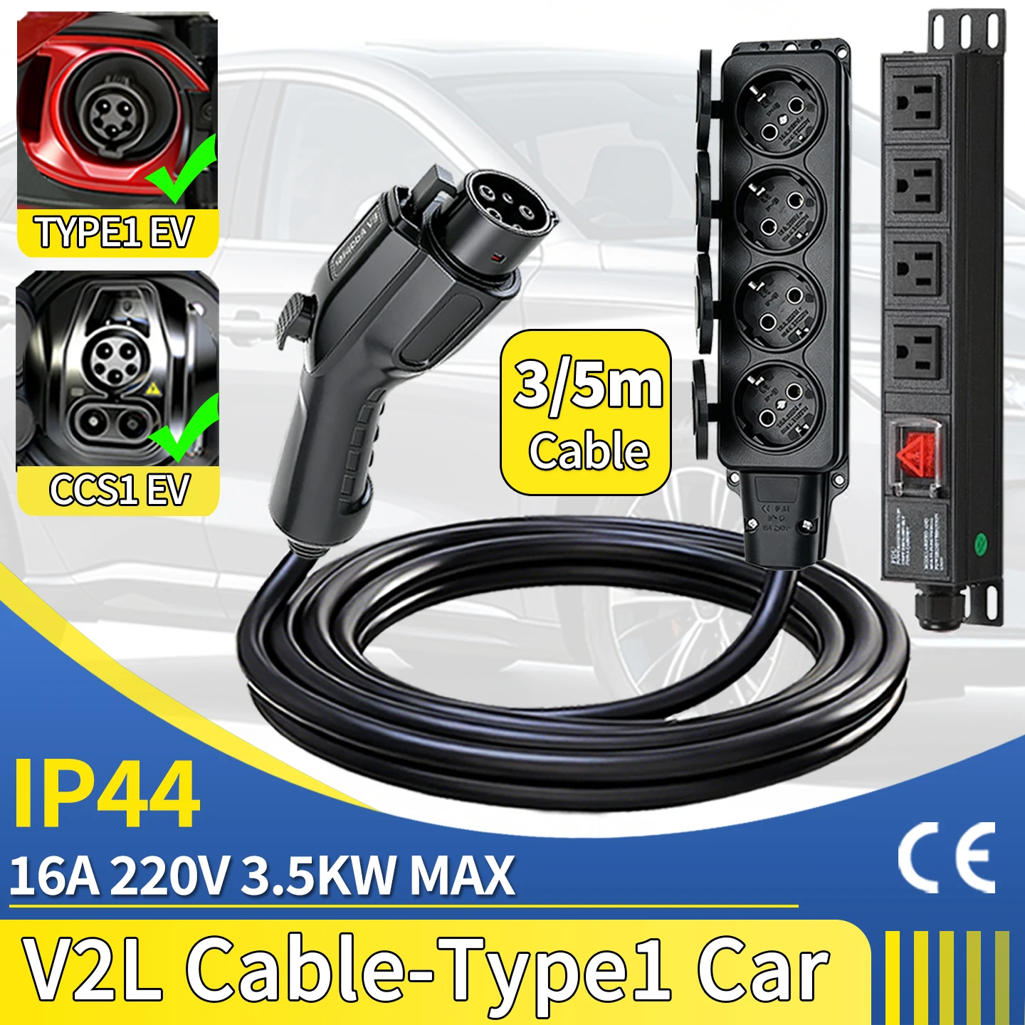 V2L Cable Discharge Plug EV Charger TYPE1 Cord 16A Charging Cable 3/5m with EU UK US IL Adapter Outdoor Power Station Electric