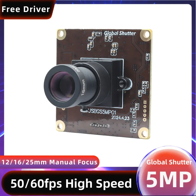 ELP 5MP 50fps/60fps Global Shutter USB Camera Module OmniVision OG05B10 2592x1944 High Speed Mini PC Webcam with 12/16/25mm Lens