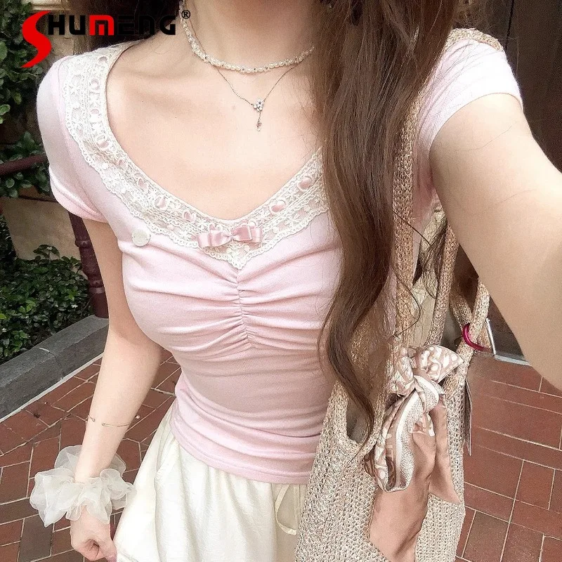 

2025 Summer New French Style Slim Fit Kawaii T-shirt Clouds Touch Skin-friendly Comfortable Soft Wool Tshirts Pullover Ladies
