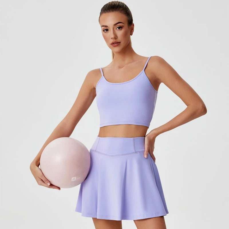 

Outdoor Yoga Skirt Sets Women Thin Shoulder Strap Sports Bra High Waist Skort Fitness Suit Breathable Yoga Tank Top Tennis