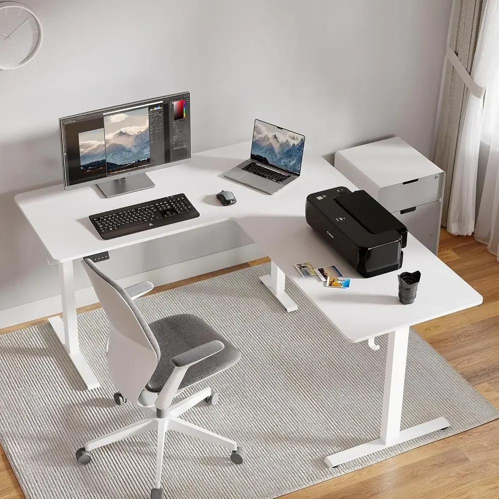 Electric Adjustable Height L-Shaped Desk, 63x55 Ergonomic Sit-Stand Desk with 3 Memory Positions, Suitable for Home or Office