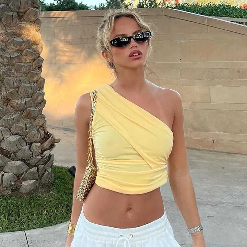 2026 New Pleated Solid Color Sleeveless Diagonal Neck High Waist Vest Top