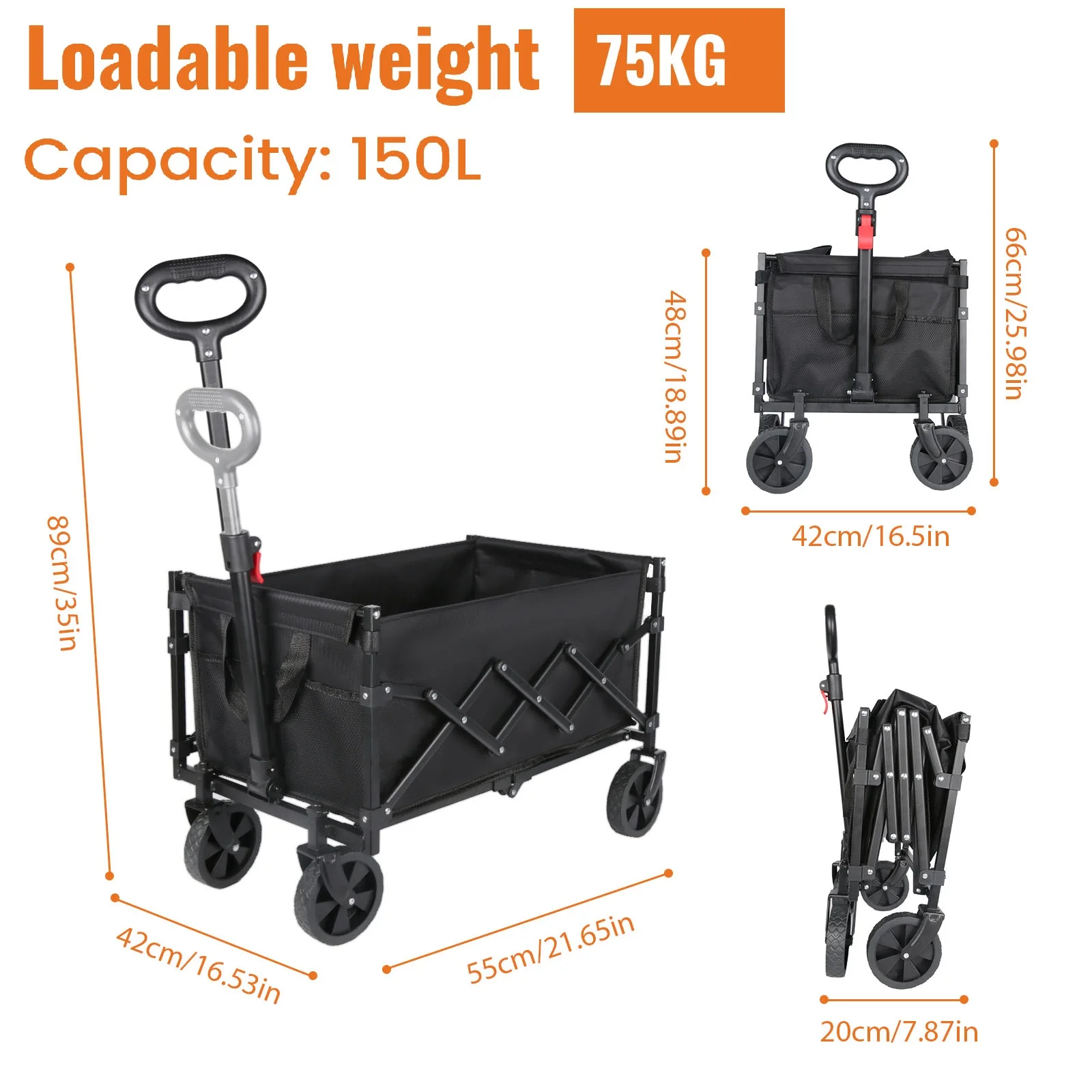 عربة تخييم محمولة قابلة للطي 100 لتر 75 كجم 165 رطل تحميل عالي التحمل 4 عجلات 360 درجة °   عربة سفر للنزهات على الشاطئ قابلة للدوران في الهواء الطلق