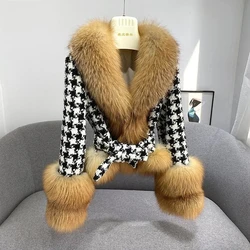 Short Houndstooth Plaid Stitching Imitation Fox Fur Coat for Women, Loose Belt Overcoat, Autumn and Winter Fashion, New, 2023