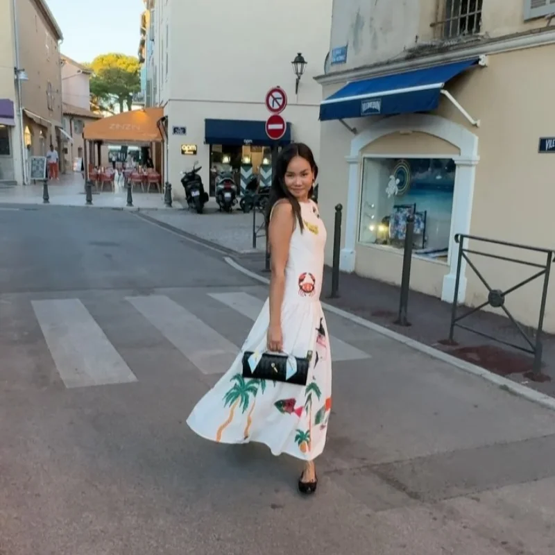 Abito lungo da donna con stampa senza maniche, cinturino largo senza schienale, abiti Boho, gonna ampia, orlo, abito lungo, abiti da donna di nuova moda 2025