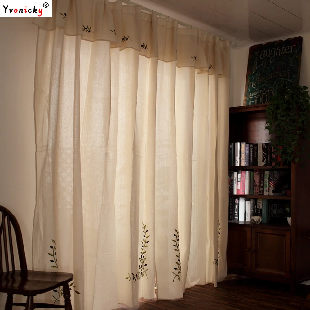 Rustic Style Olive Branch Embroidery Semi-Blackout Curtains, Cotton Linen Window Drapes with Valance for Living Room Bedroom