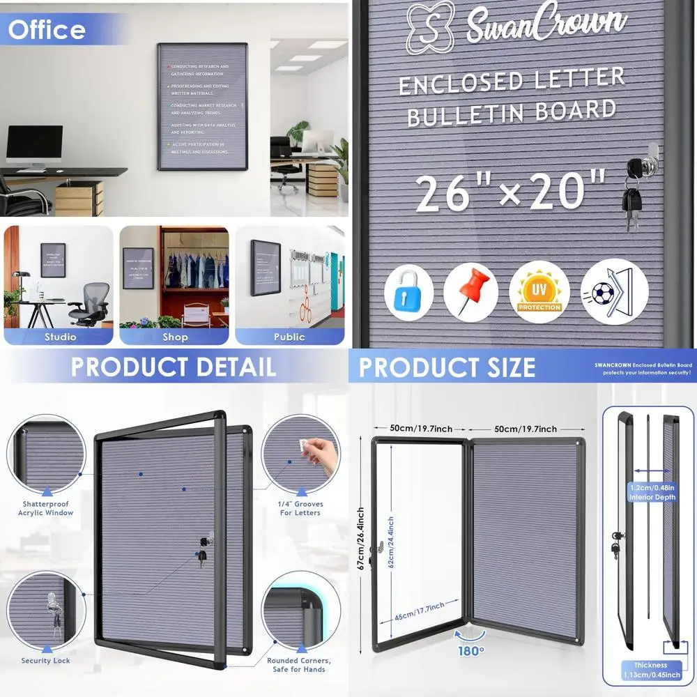 

Доска для сообщений из фетра 26x20 с замком для дома, офиса и школы, черная рамка, серый цвет