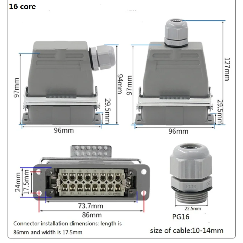 HDC-HA European specification 10/16/32 core heavy duty connector 250V 16A