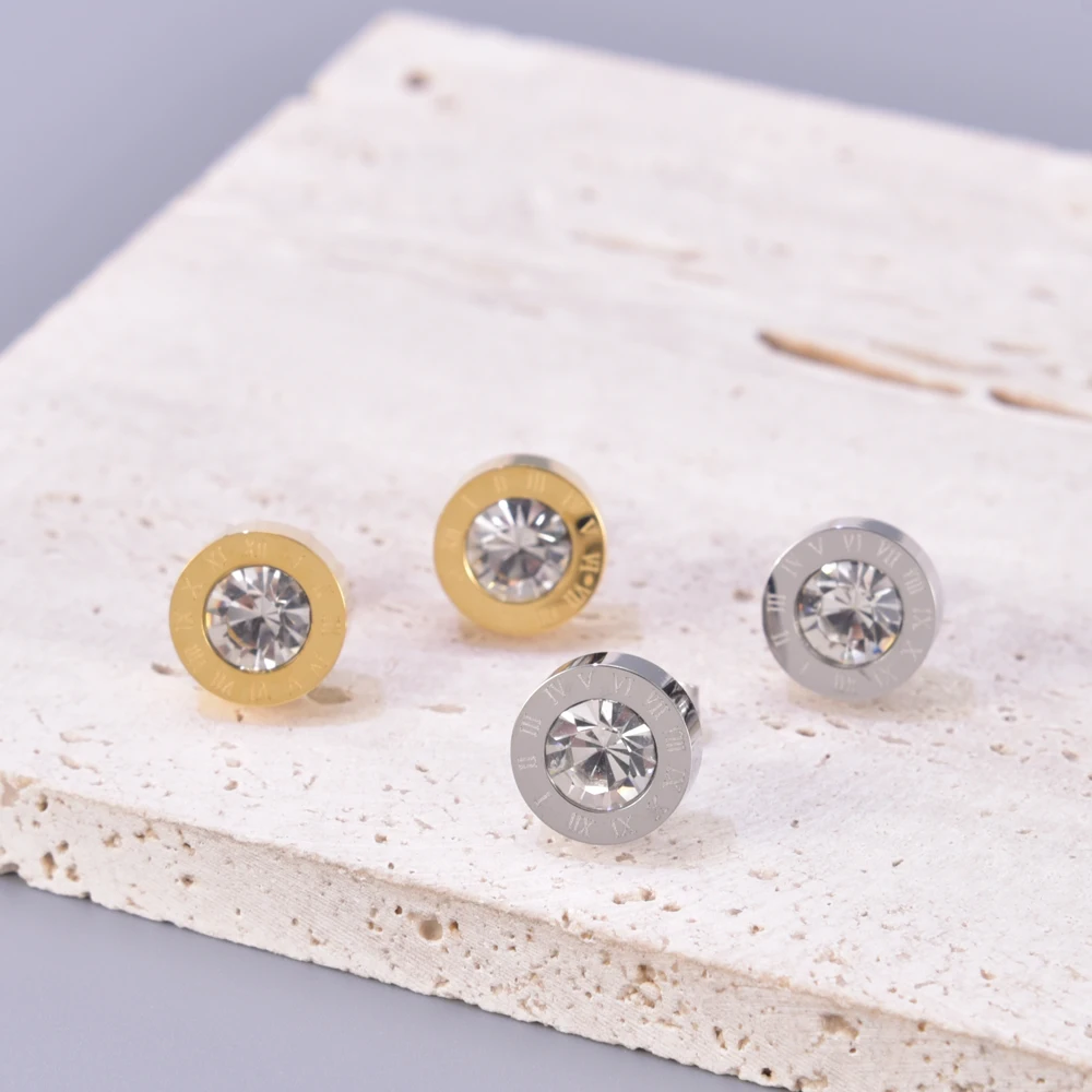 E62 brincos de zircão de aço titânio com numeral romano, brincos femininos definidos com diamantes