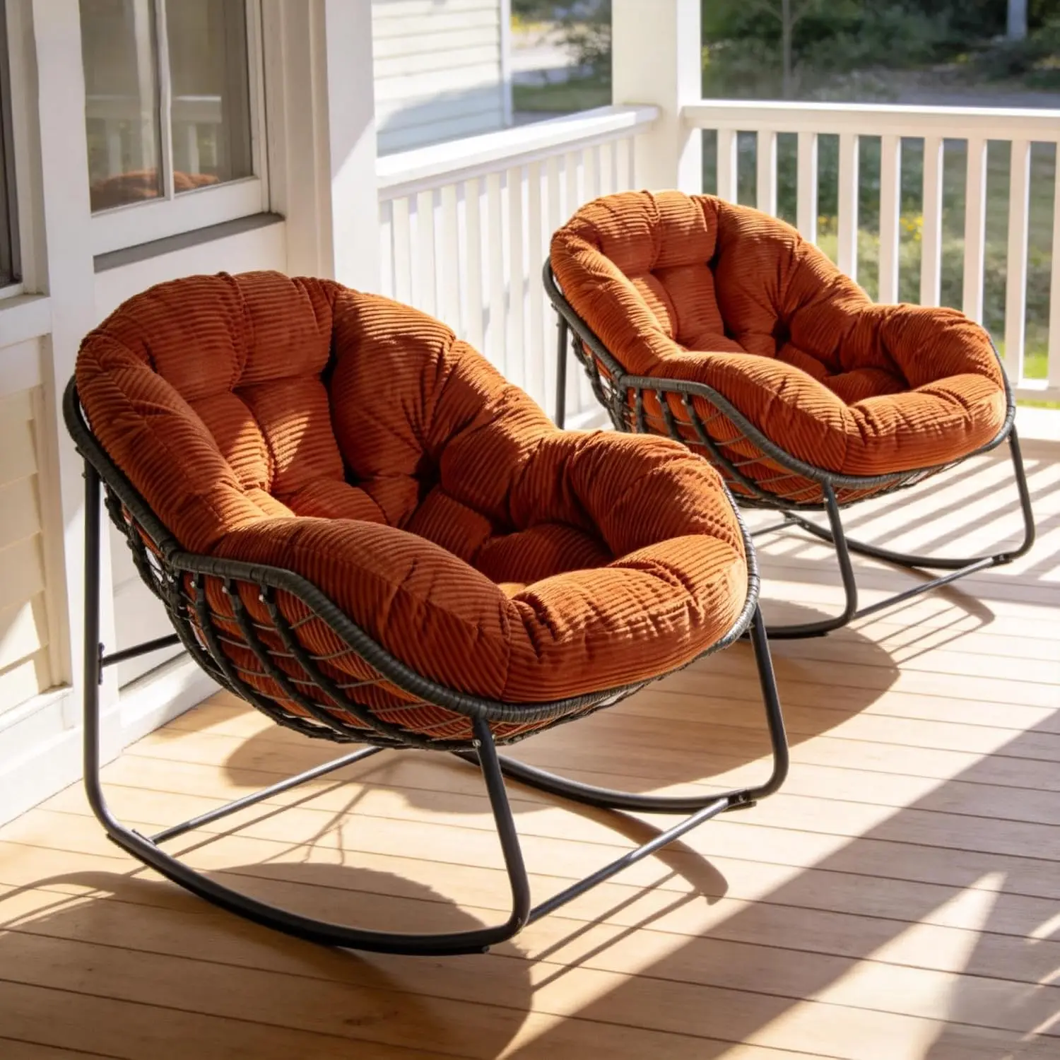 Oversized Papasan Rocking Chair Set of 2 with Soft Cushion, Comfy Patio Egg Chair, Wicker Lounge Rocker for Balcony Porch Garden