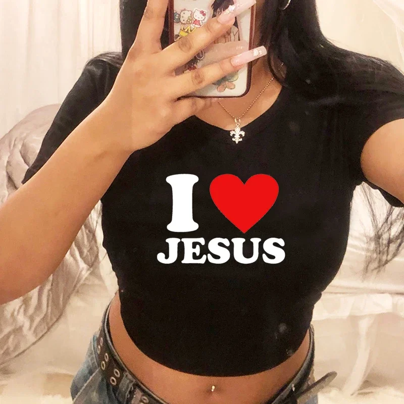 

I Love Jesus Red Heart Printed Women Cropped Top Streetwear Sexy Party Clothes Causal Baby Tee Y2k Fashion T Shirt Dropshipping