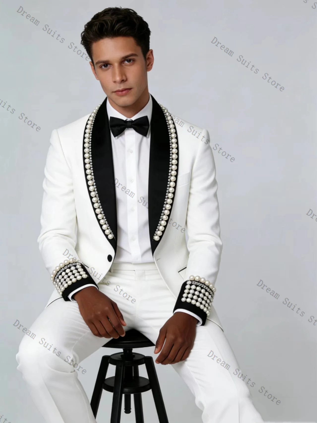 

Crystals Men Suit Set 2 Pcs White Blazer+Pants Trousers Customized Spring Cotton Formal Office Jacket Wedding Tuxedos Prom Coat