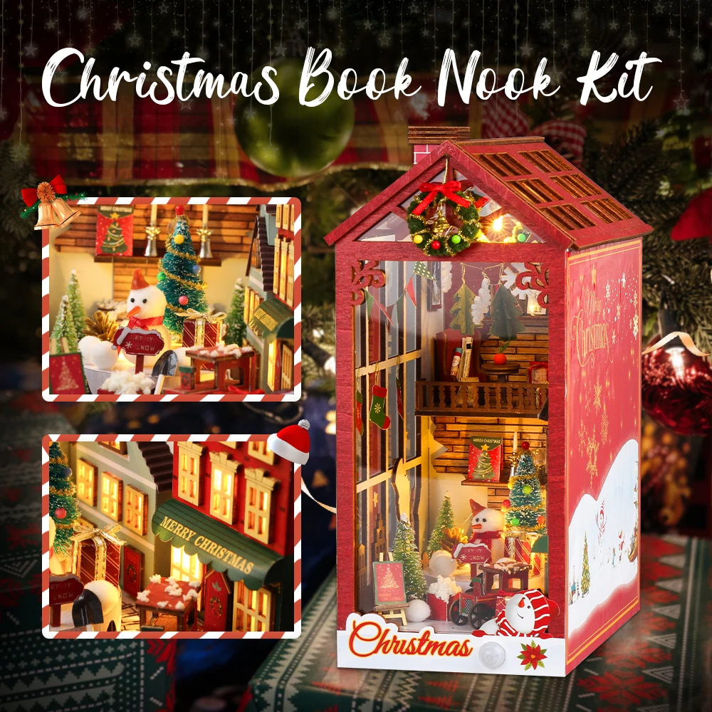 Christmas DIY Book Nook 3D Puzzle Doll House with Sensor Light Dust Cover Music Box Roombox Xmas Gift Ideas for Christmas Gift