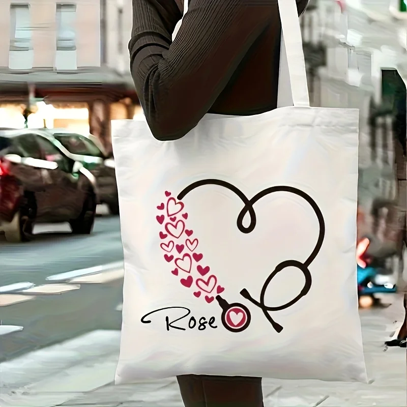 Heart Shaped Medical Line Art Canvas Tote Lightweight Casual Shoulder Bag For Hospital Staff Clinic Workers And Daily Commute