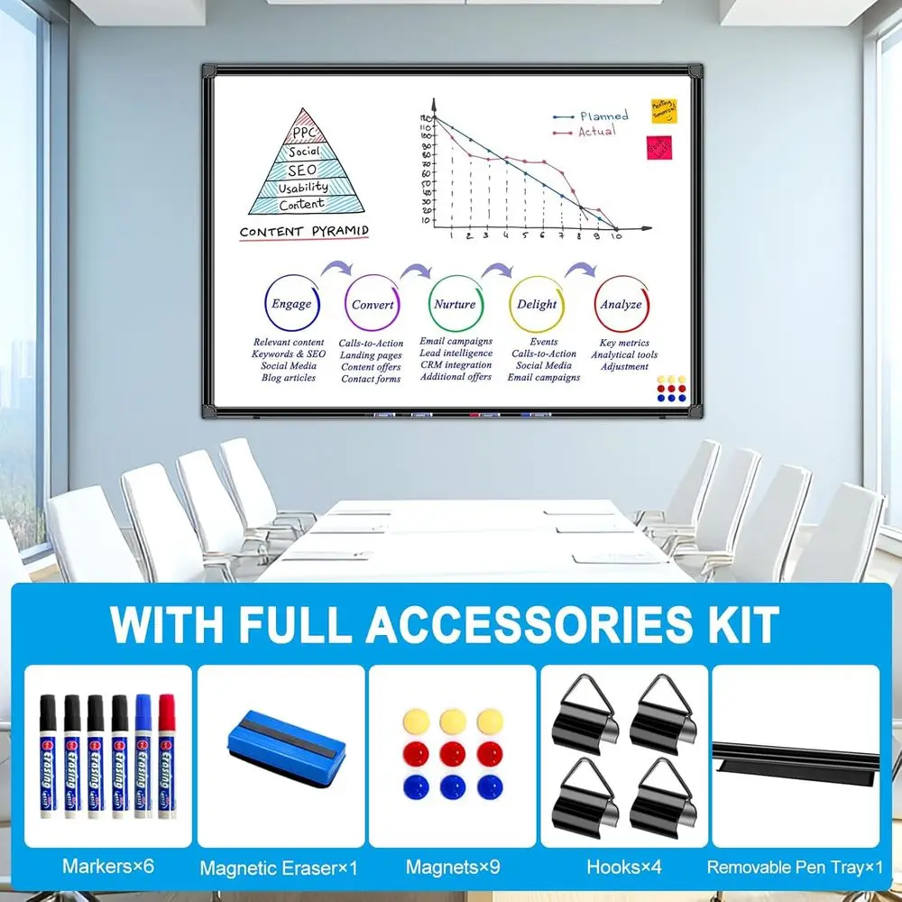 سبورة بيضاء مثبتة على الحائط مقاس 30 × 48 مع سطح مغناطيسي للمسح الجاف، وإطار من الألومنيوم الأسود للمنزل والمكتب والفصول الدراسية