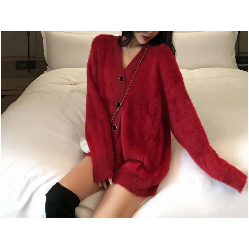 Women Coat Autumn Winter Mink Knit Cardigan Button Long Sleeve Streetwear Office Ladies Soft Korean Fashion V-neck Sweater