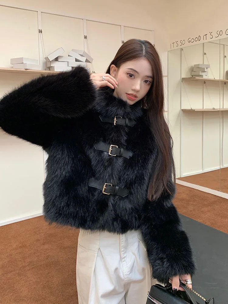 سترة قصيرة من الفرو المزيف موضة الشتاء للنساء باللون الأسود وياقة واقفة علوية عصرية بأكمام طويلة وأزرار أنيقة ملابس خارجية دافئة