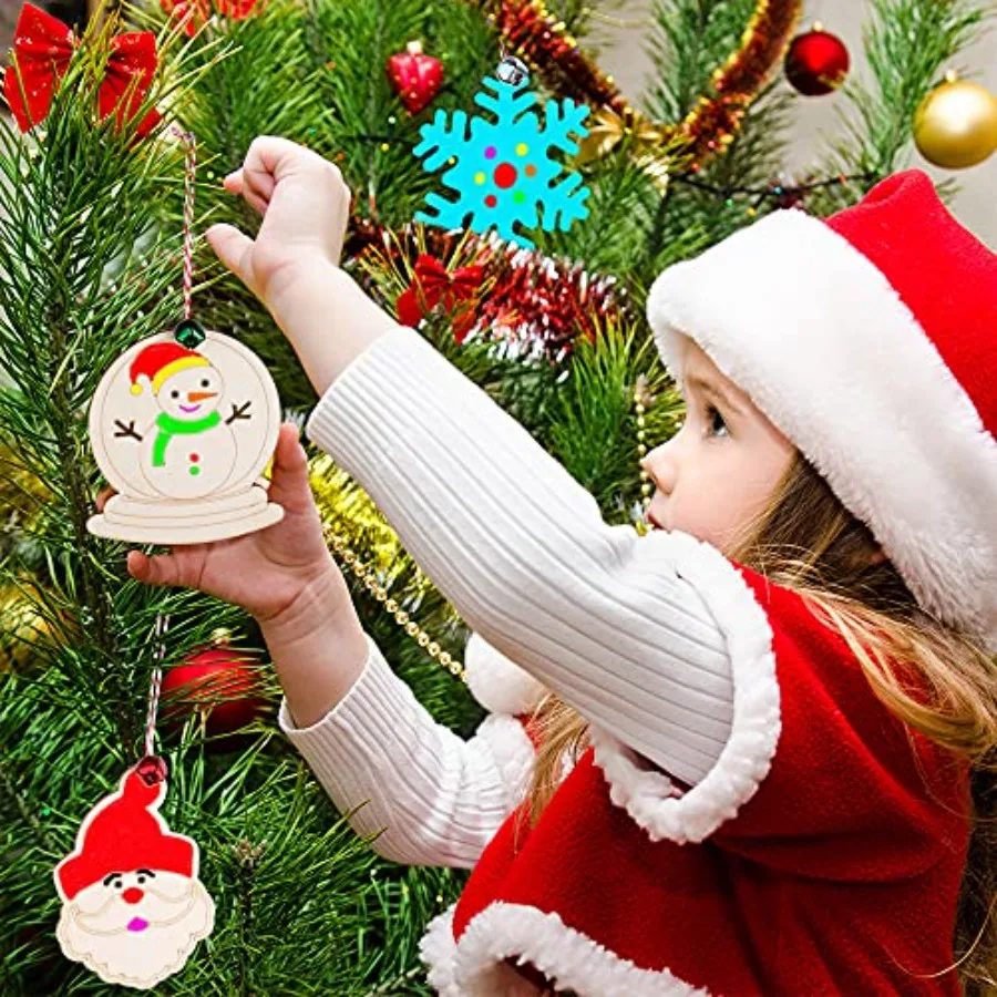 60개 나무 크리스마스 장식품 12가지 스타일 미완성 나무 조각 장식품 DIY 크리스마스 장식 세트 벨 포함 컬러 마커