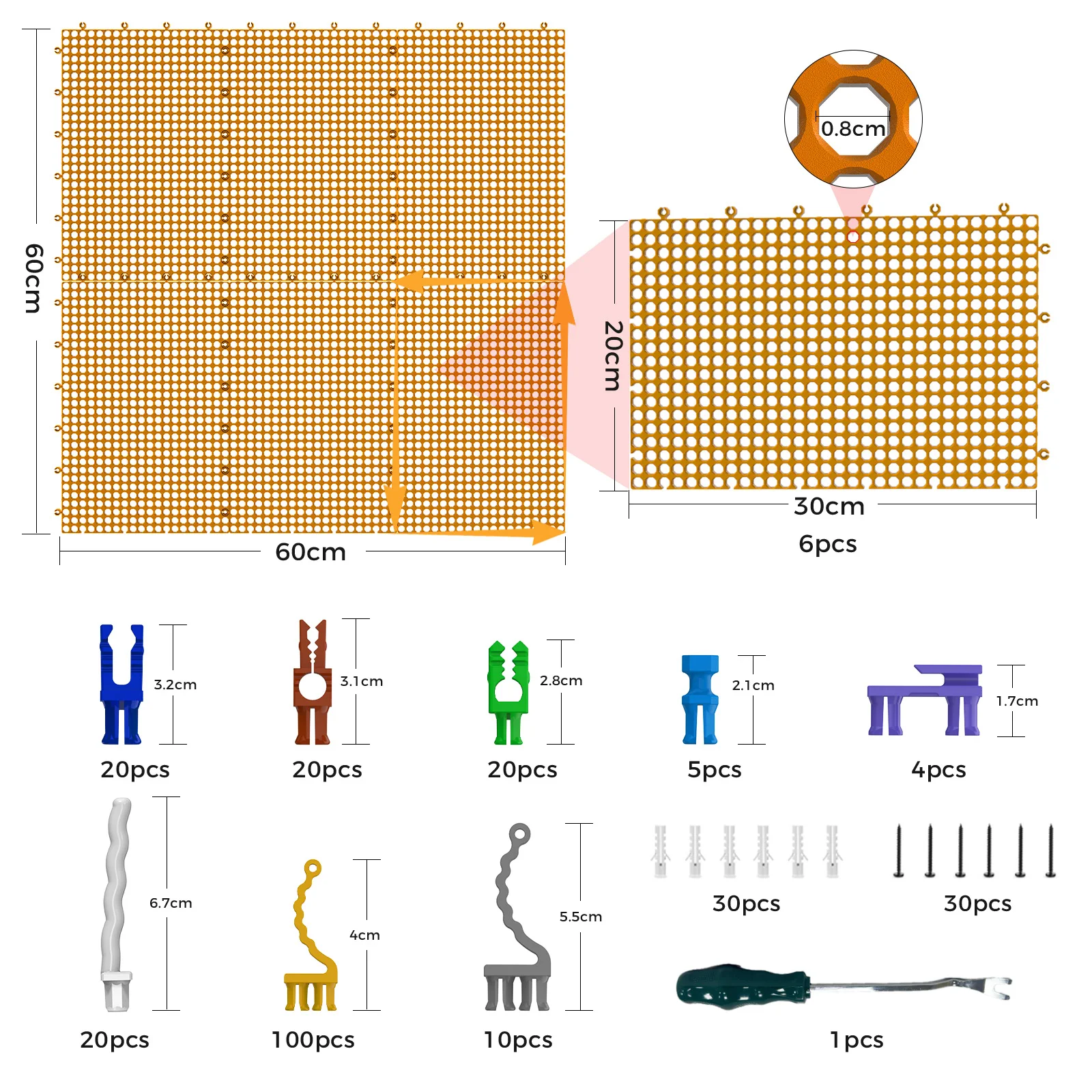 6 pcs yellow plastic peg board set 200 accessories, rust-proof, non-sagging,  Garage Peg Board Wall Pegboard Organizer