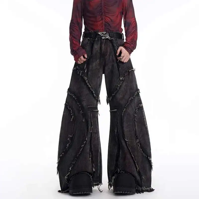 LUZHEN 2025 Wornout Burr Edge تصميم مرقع فضفاض مستقيم واسع الساق جينز رجالي موضة الشارع الأصلي الدنيم سترة LZ8607