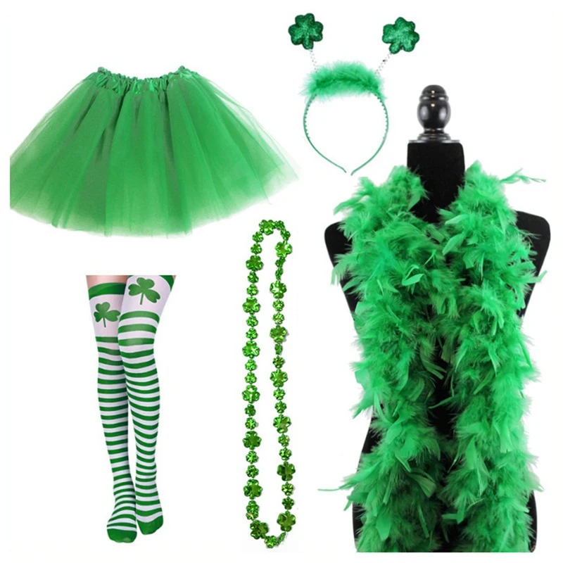 St. Patrick's Day Costume Kit Striped Socks 3 Layered Tulle Tutu Shamrock Headband Necklaces Set Kit For Party Festival Decor