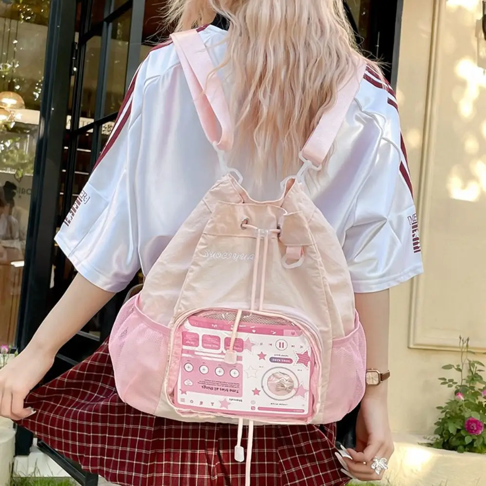 Knapsack Transparent Nylon Drawstring Backpack Lightweight Badge Display Casual Ita Backpack Sweet Harajuku Y2k Schoolbag Travel