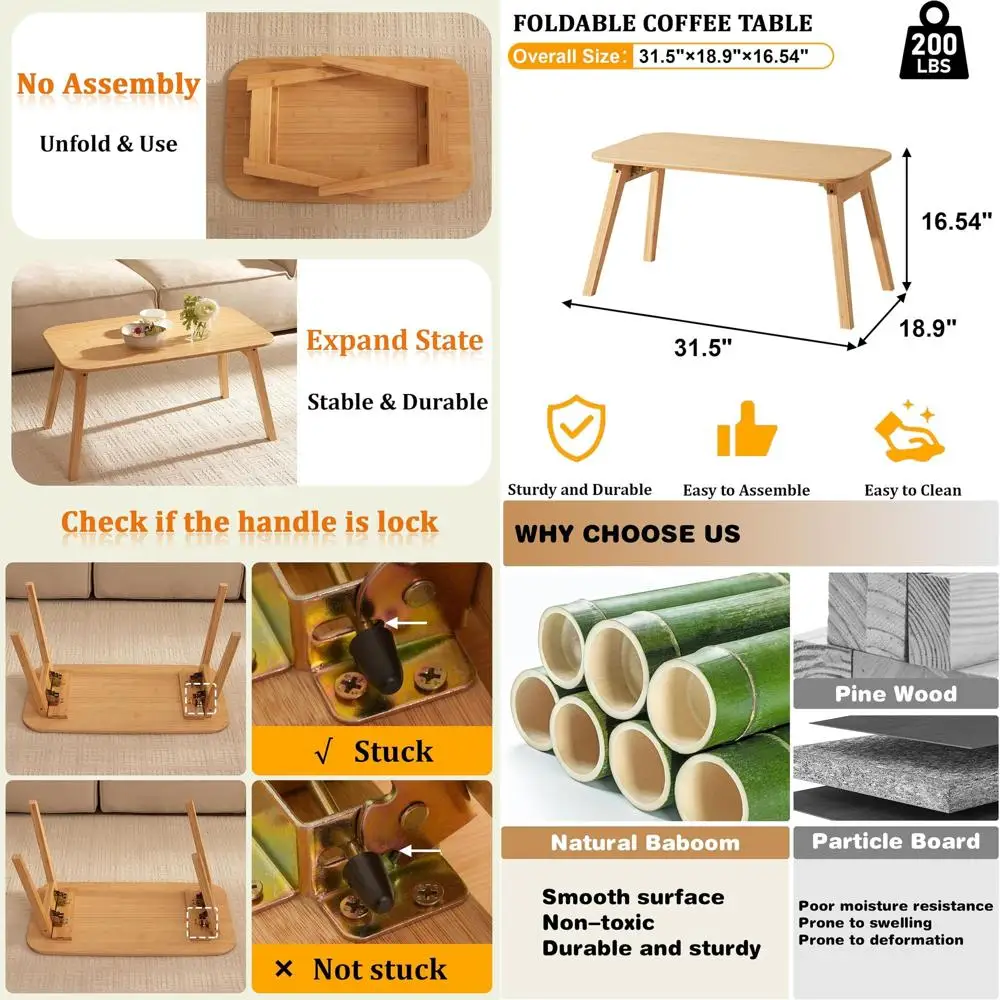 

Mid-Century Modern Coffee Table with Open Storage, Suitable for Living Room, No Assembly Required, Natural Finish (31.5IN)