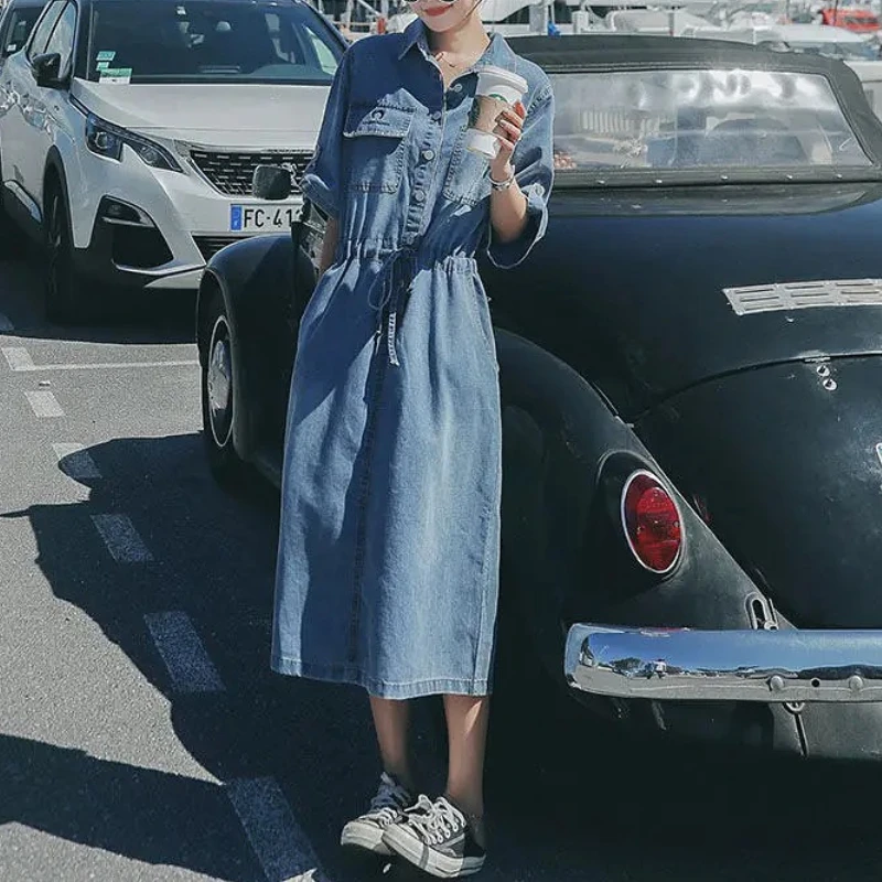 

Y2k Denim Dresses Women Long Dress Washed Vestidos Single Breasted Turn Down Collar Lace Up High Waist A Line Streetwear 2025