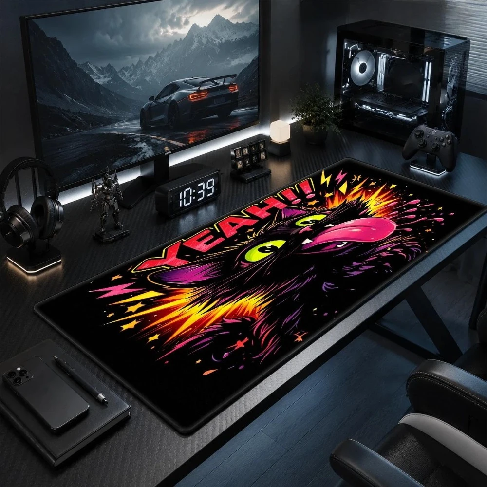 Black Cat Game Table Mat and Mouse Pad - Vibrant Comic Style, Suitable for Home Office alfombrillas para escritorio