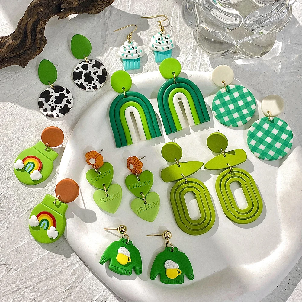 

Lifefontier Creative Green Polymer Clay Drop Earrings For Women New Heart Flower Geometric Pendant Earring Jewelry Wholesale