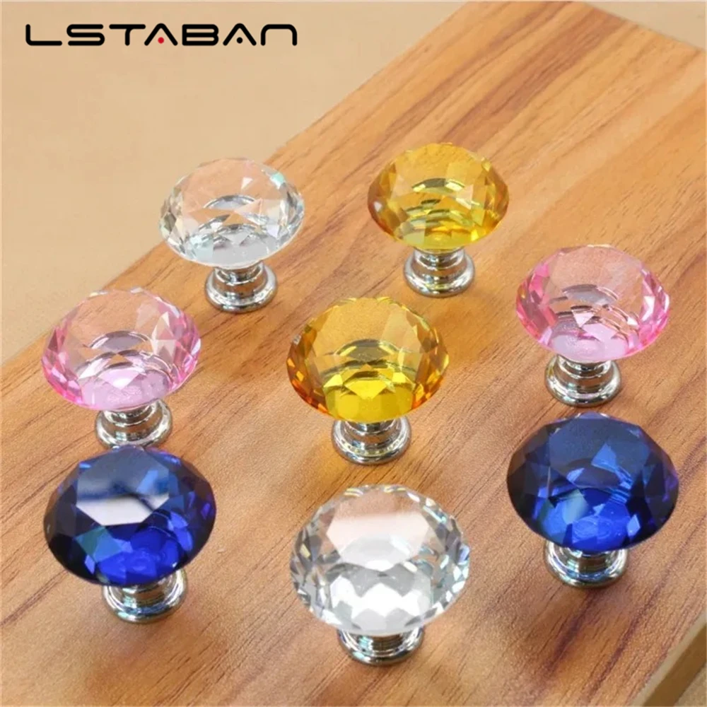 Transparan 30mm furnitur berlian kaca kristal pegangan pintu lemari laci warna-warni lubang tunggal campuran seng bulat pegangan siram