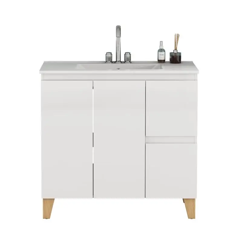 Meja Rias Kamar Mandi Modern 36-Inci dengan Kombinasi Wastafel 3 Lubang, 2 Pintu & 2 Laci, Sistem Tutup Lembut, Desain Tanpa Pegangan, Kayu Alami