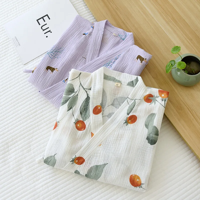 Spring and summer new Japanese-style kimono nightgown women's bathrobe 100%cotton crepe loose sweat steaming yukata home service