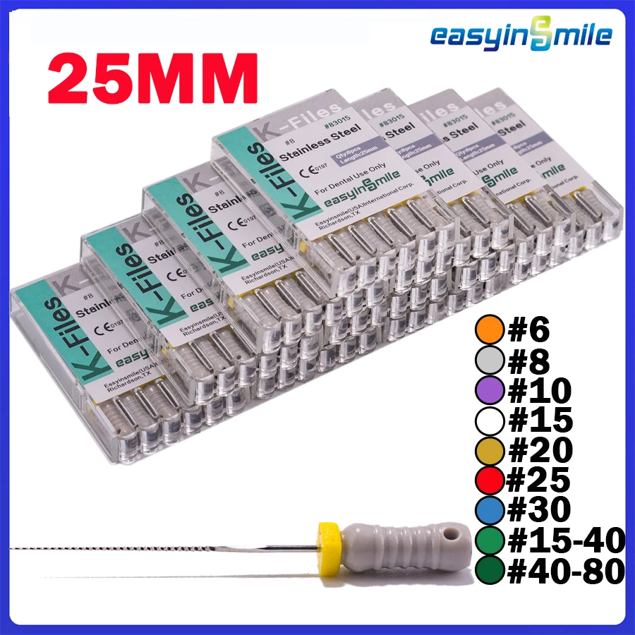 

EASYINSMILE 10Packs Dental K Files Endo Root Canal Hand Use Stainless Steel 25MM K-FILE #6-#80 Endodontic Instruments Tools Dent