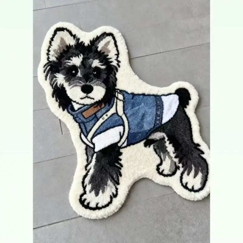 VIKAMA Schnauzer Denim Outfit Shaped Rug Non Slip Washable Plush Floor Mat Cartoon Animal Bedroom Home Decor Carpet