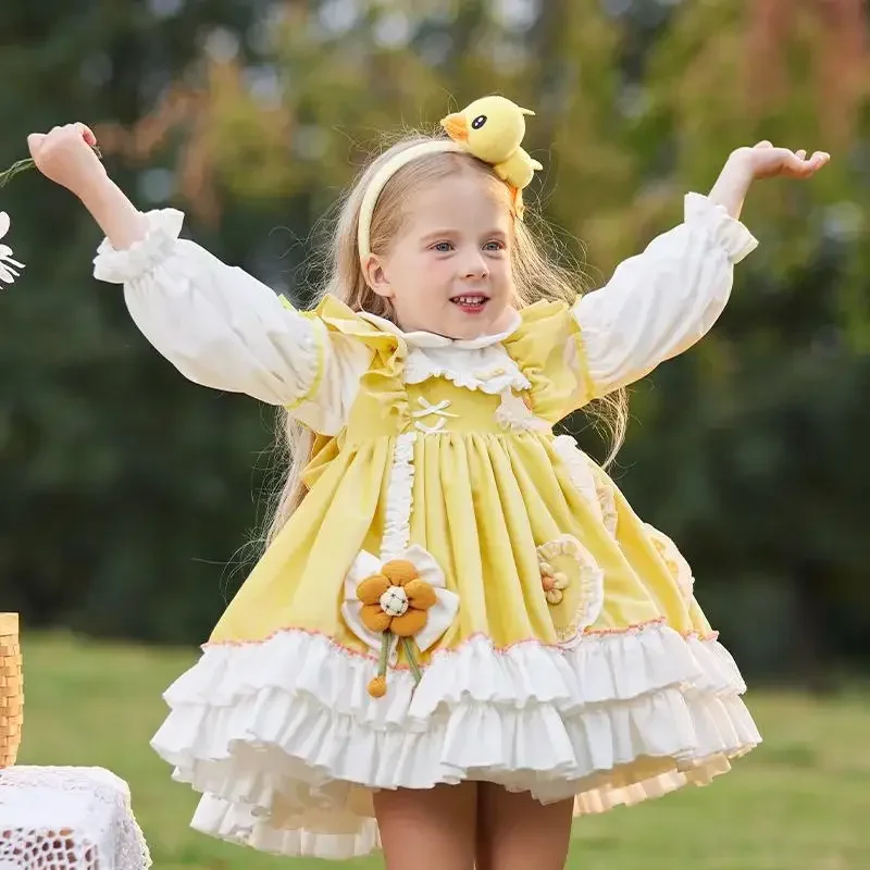 2024 Princess Lolita Dress for Girls Yellow Duck Layered Dresses for Kids Spanish Velvet Winter Autumn Children Infant Vestidos