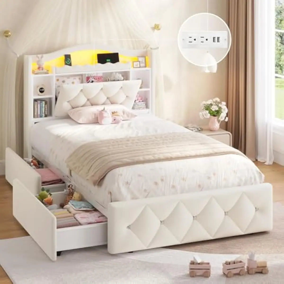 Twin Platform Bed with Castle-Style Headboard Diamond Tufting Pink Velvet Upholstery Dual Storage Drawers Mini Bookcase Shelves
