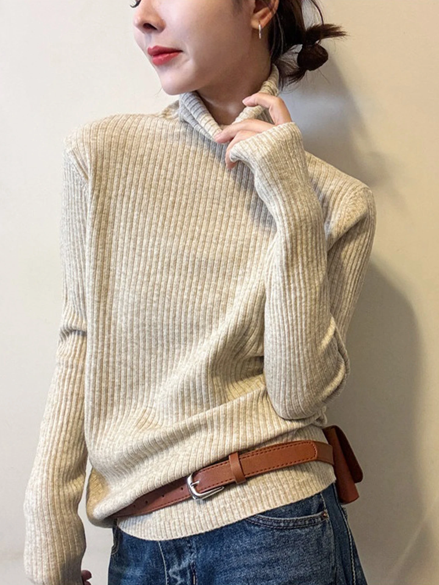 

Chic High Ne Knitted Sweater Long Sve Comfortable Casual Winter Slimming Base Layer irt Versatile Sli Korean Sle