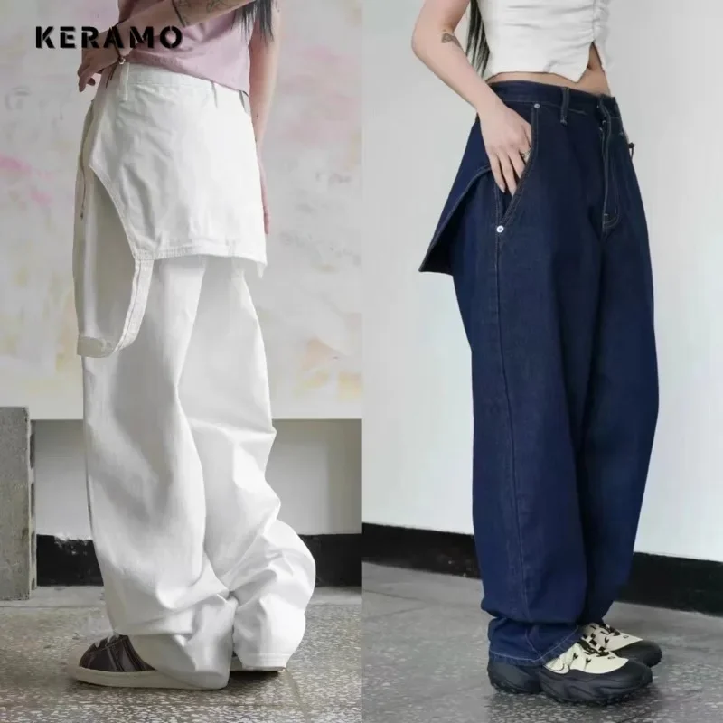 Celana Jeans Harajuku kasual wanita, celana Denim longgar Harajuku kasual Vintage Emo, celana kaki lebar Punk, celana Denim longgar bersabuk Solid