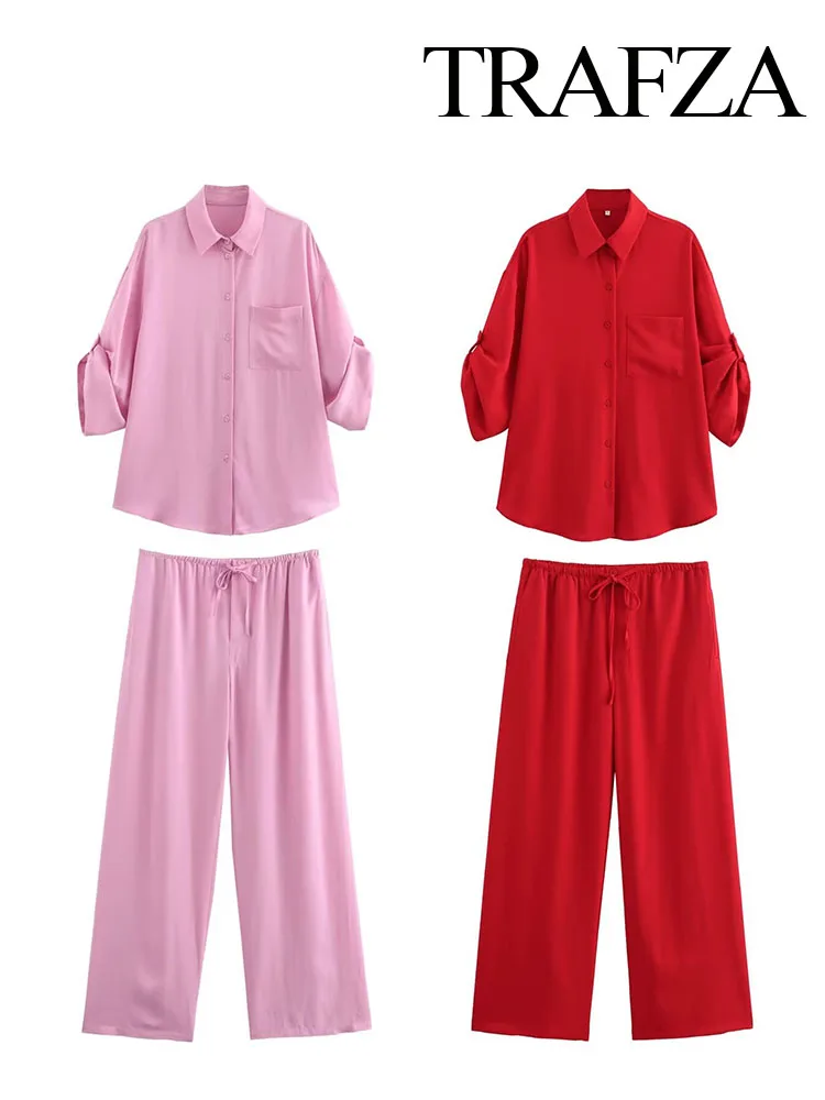 TRAFZA Women Fashion Suits Pink Turn Down Coller Half Sleeves Single Breasted Shirts+Mid-Waist Lace-Up Wide Leg Pants Female Set