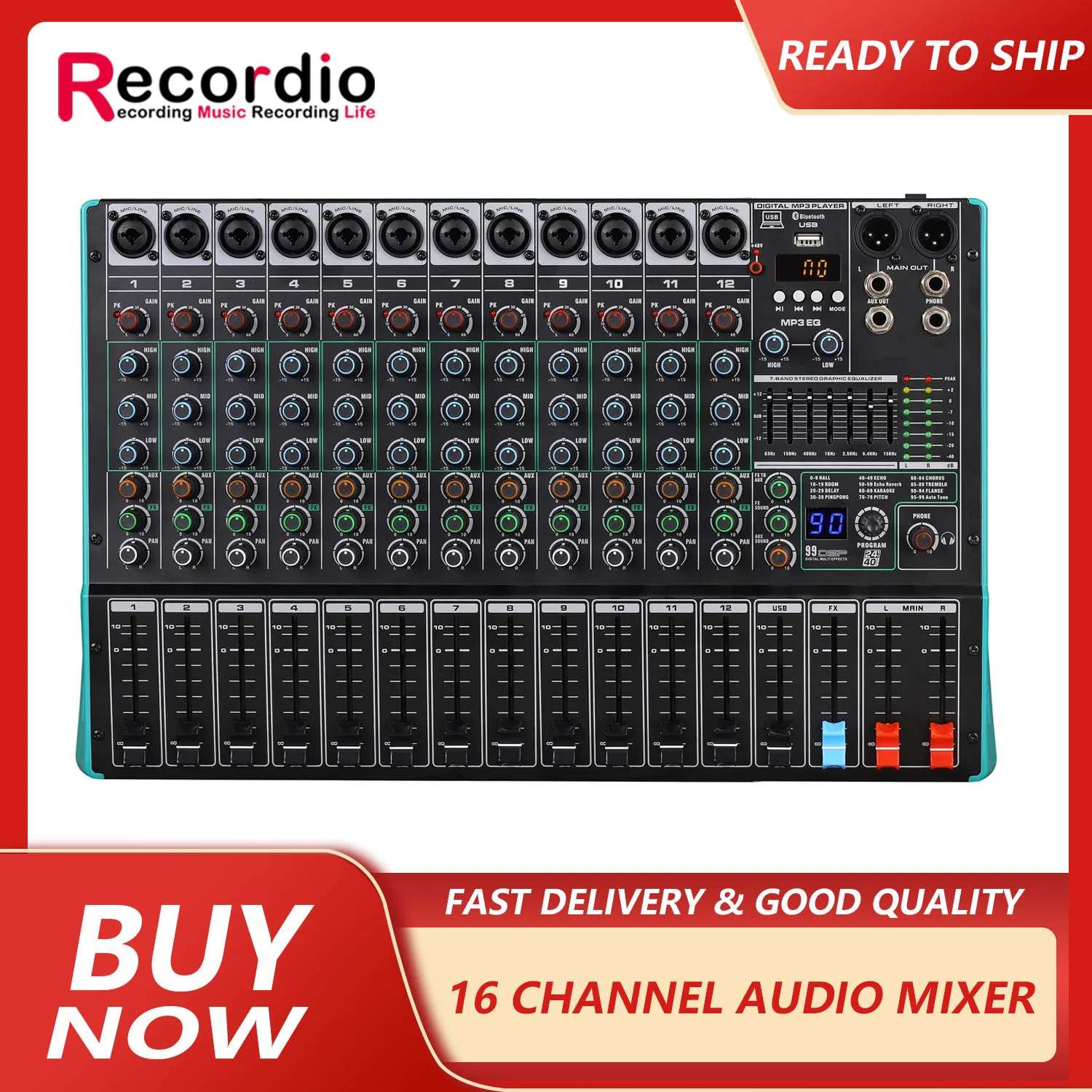 

GAX-TK16 Newly Designed Music Equipment Studio Professional 16 Channel Mixer with 99 DSP Digital Reverb Effects 60MM Attenuator