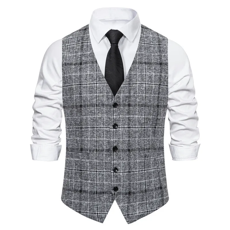 

Spring Autumn New Men's Vest Slim Single-Breasted Men's Suit Vest British Plaid Business Waistcoat Men's Cardigan