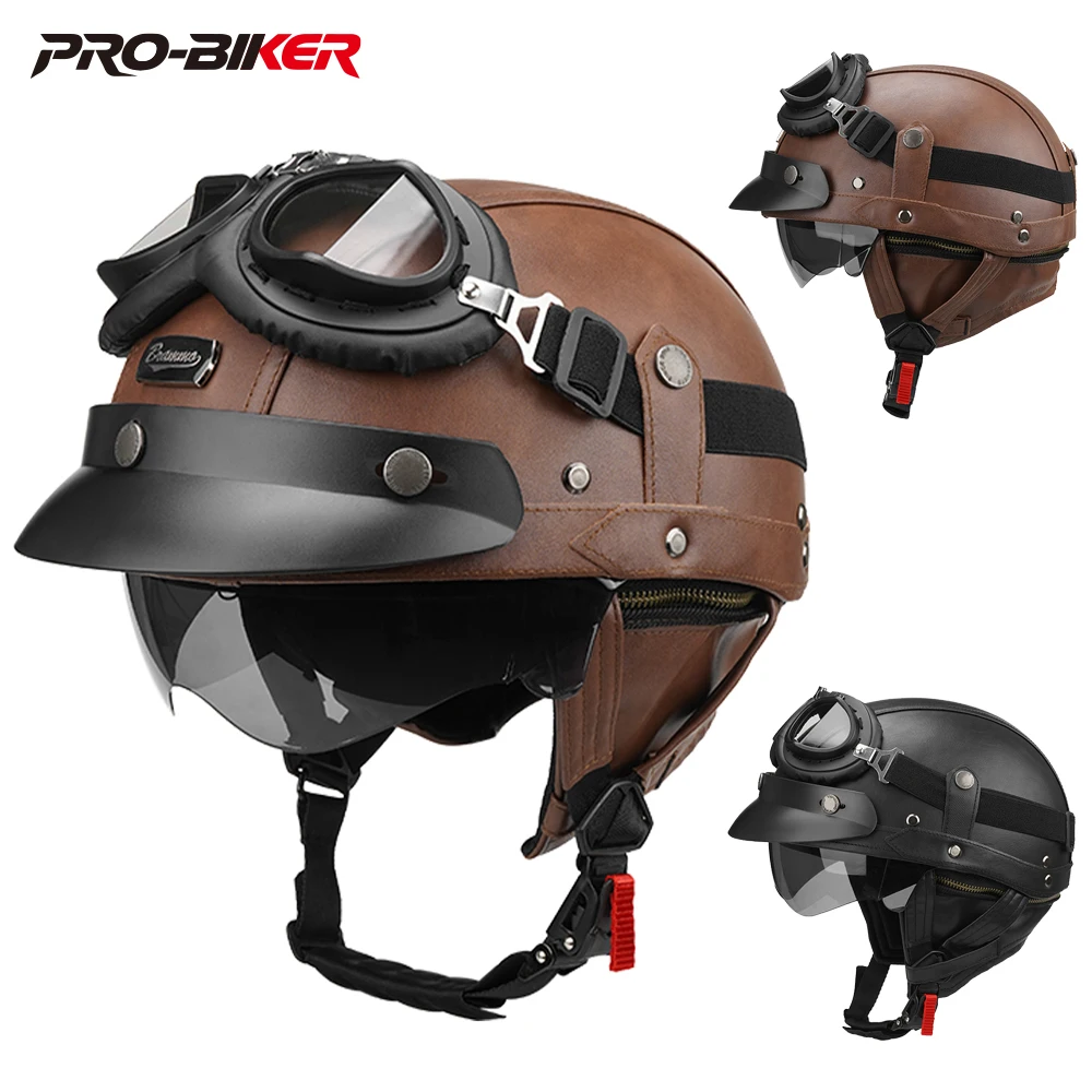 

Motorcycle Half Helmet Leather Vintage Helmet Four Seasons General Safety Helmet Anti Fall And Sun Cap Moto Open Face Helmet