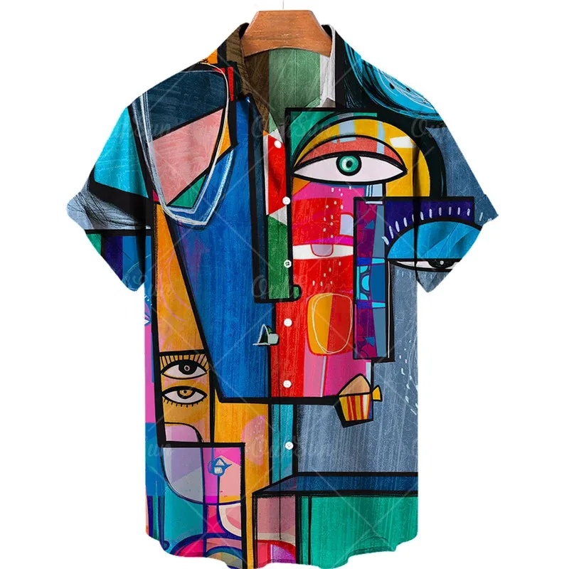 2025 3d graffiti oil painting printed men's shirt, fashionable streetwear, Hawaiian beach casual lapel, large size