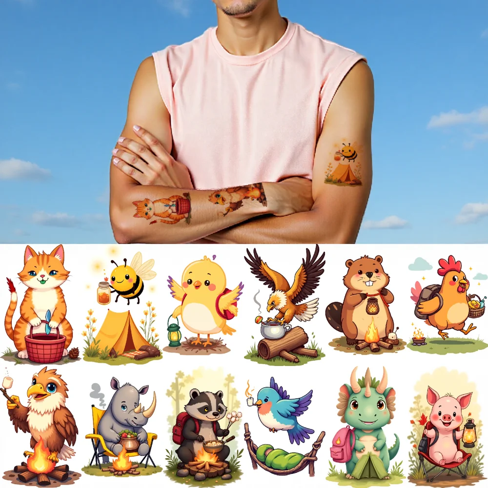 

28 шт., временные татуировки с животными для кемпинга, водонепроницаемые долговечные наклейки для тела, иллюстрации фонарей, временные татуировки, наклейки