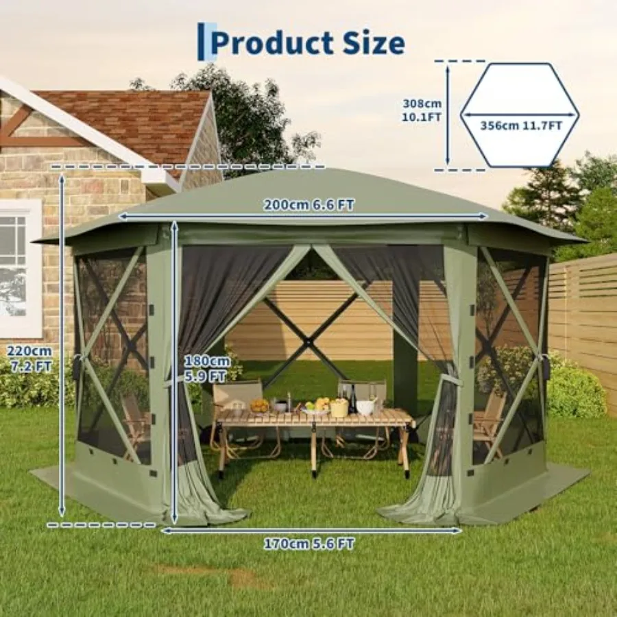 Patio camping pop-up canopy tent with green polyester fabric, quick-set 6-sided design, removable top, mosquito netting and win
