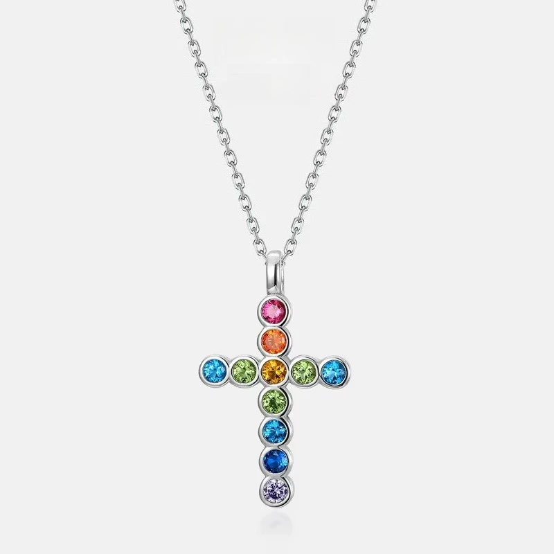

Rainbow Cross Pendant Necklace S925 Silver Plated 18K Gold PT950 Platinum Clavicle Chain Fashionable and Simple