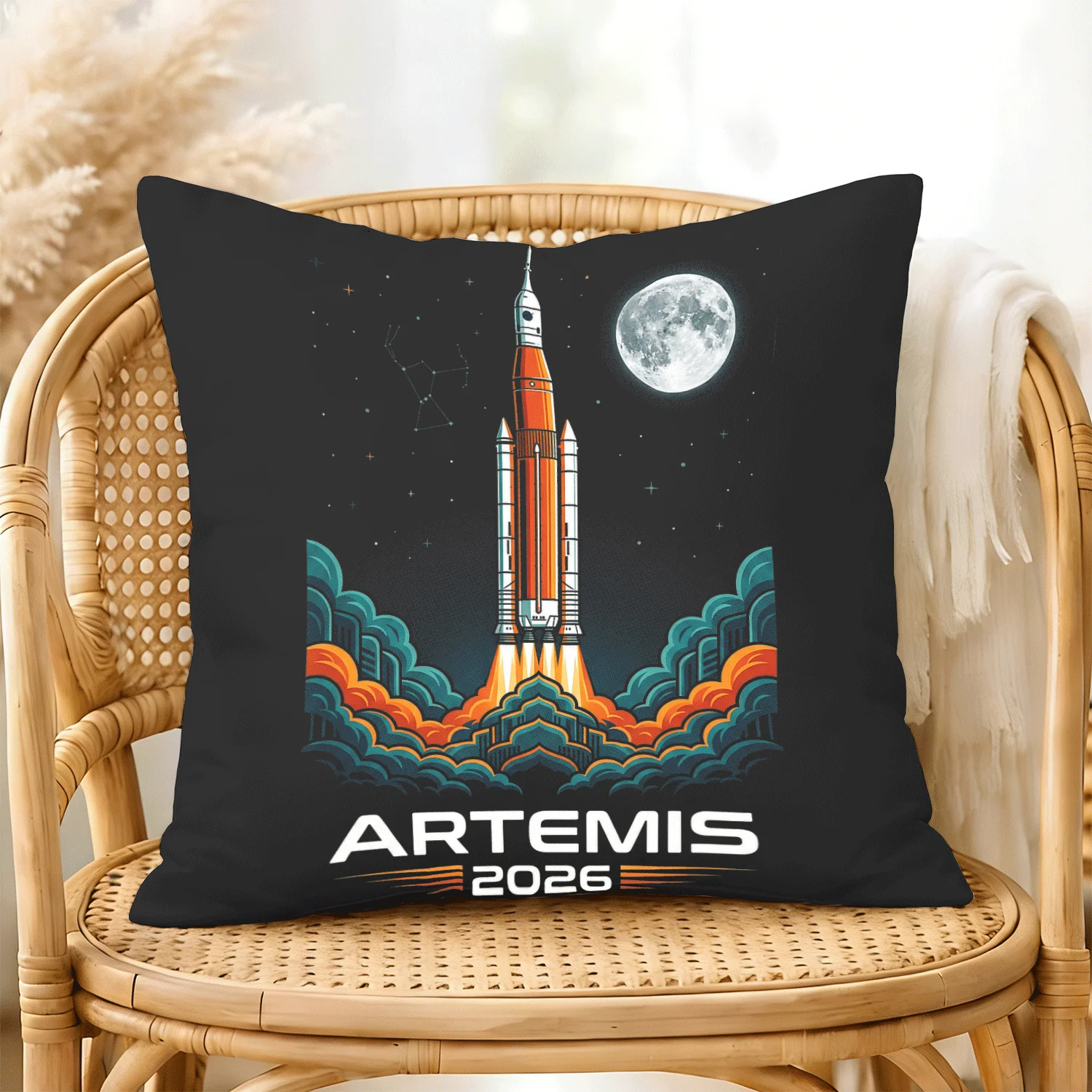 Funda de almohada decorativa Artemis 2, misión de lanzamiento de cohete lunar Artemis 2 2026, funda de almohada impresa de una sola cara de 45x45 cm, perfecta para